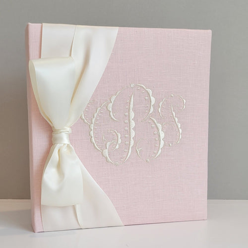 Baby Memory Book - Pink Linen (w/ SATIN Bow)