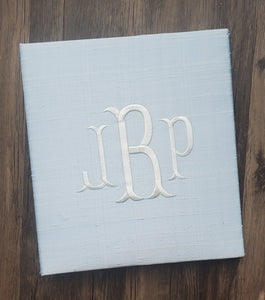 Blue Silk Dupioni with Regal Monogram font in White Thread. Milestone Book for all of life's adventures. Easy Fill in Pages to make documenting simple for Momma. 