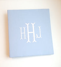 Load image into Gallery viewer, Blue Linen Baby Memory Book with Monogram Cover. Milestones, Shower Pages and so much more for your little ones life moments