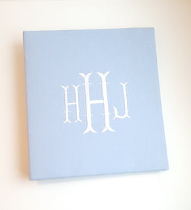 Blue Linen Baby Memory Book with Monogram Cover. Milestones, Shower Pages and so much more for your little ones life moments